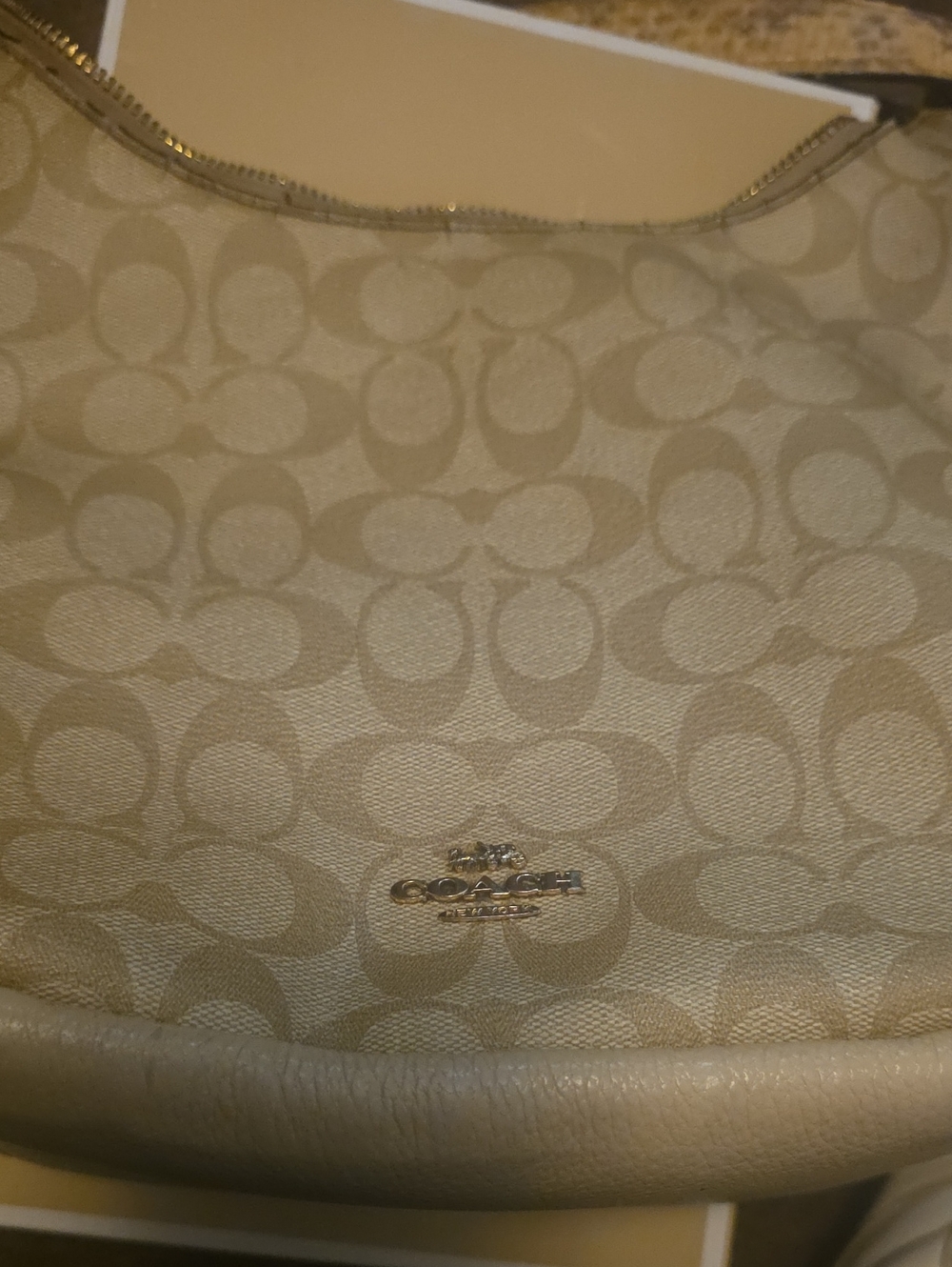 Coach Beige Signature Canvas Shoulder Bag with Leather Trim